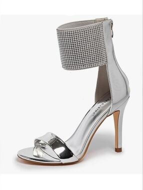 Women’s Rhinestone Ankle Cuff Heels Silver Strappy Stiletto Sandals Size 7.5